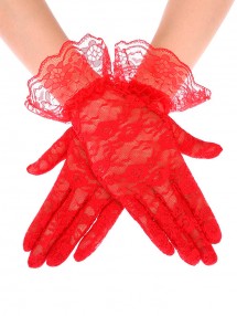 Короткие красные гипюровые перчатки с оборками