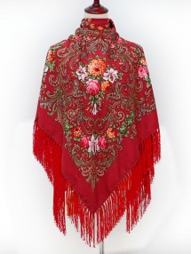 Павлопосадский русский народный платок 135 х 135 см красный с бахромой