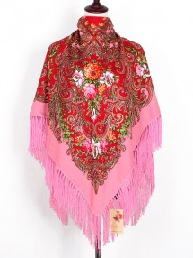 Павлопосадский русский народный платок 135 х 135 см розовый с бахромой