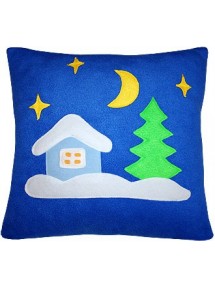 Синяя новогодняя подушка Домик ночью
