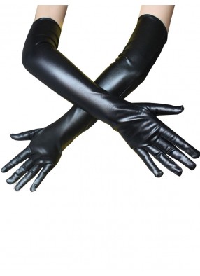 Длинные черные латексные перчатки из экокожи