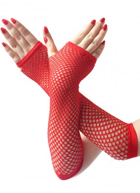 Длинные красные перчатки в сетку без пальцев