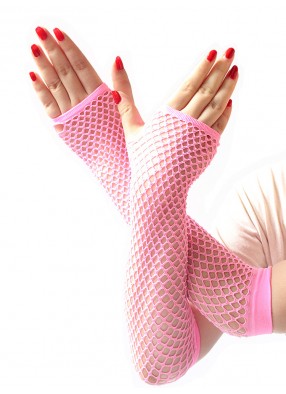 Длинные светло-розовые перчатки в сетку без пальцев