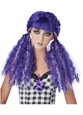 Фиолетовый парик куклы с двумя кудрявыми хвостиками