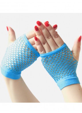 Короткие голубые перчатки в сетку без пальцев