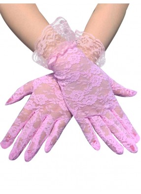 Короткие розовые гипюровые перчатки с оборками