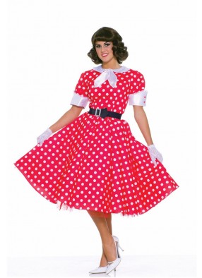 Красное в белый горошек платье девушки-стиляги 50-х