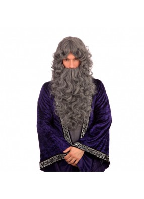 Кудрявый седой парик волшебника с бородой