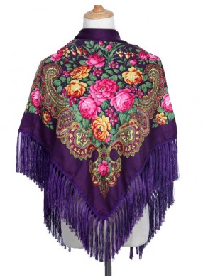 Павлопосадский русский народный платок 110 х 110 см фиолетовый с бахромой мелкие цветы