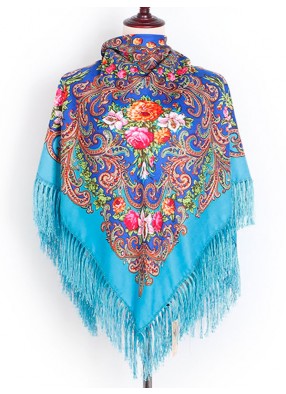 Павлопосадский русский народный платок 110 х 110 см голубой с бахромой