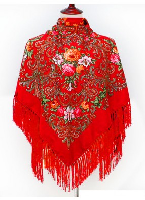 Павлопосадский русский народный платок 110 х 110 см красный с бахромой мелкие цветы