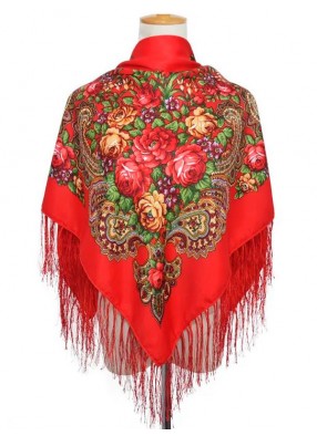 Павлопосадский русский народный платок 110 х 110 см красный с бахромой