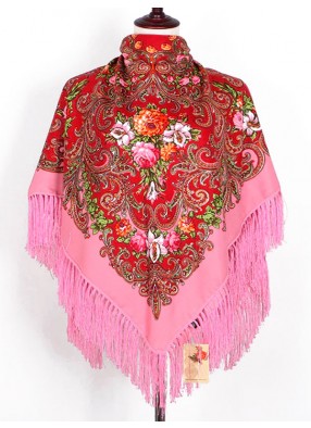 Павлопосадский русский народный платок 110 х 110 см розовый с бахромой