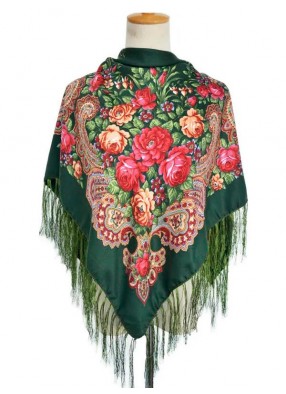 Павлопосадский русский народный платок 110 х 110 см зеленый с бахромой
