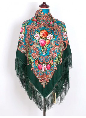 Павлопосадский русский народный платок 135 х 135 см зеленый с бахромой