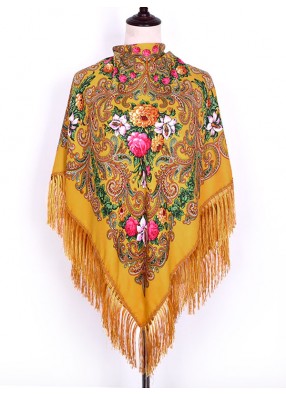 Павлопосадский русский народный платок 135 х 135 см желтый с бахромой