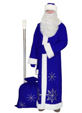 Синий костюм Серебристые снежинки для Деда Мороза с бородой и посохом