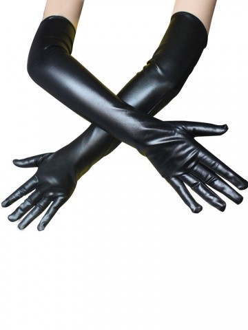 Длинные черные латексные перчатки из экокожи