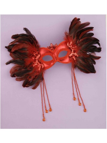 Красная венецианская полумаска с перьями по бокам