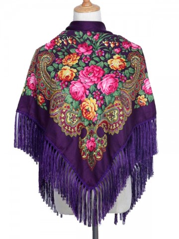 Павлопосадский русский народный платок 110 х 110 см фиолетовый с бахромой мелкие цветы