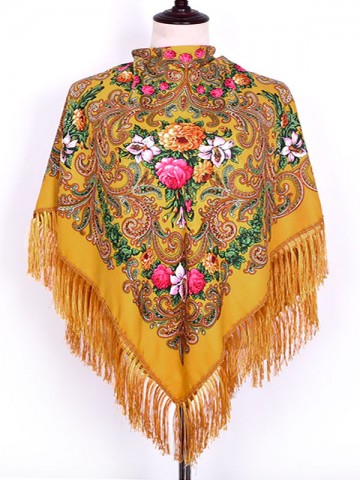 Павлопосадский русский народный платок 110 х 110 см желтый с бахромой