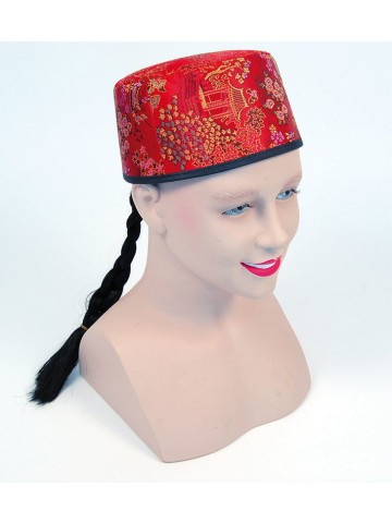 Шляпа китайская красная с косичкой