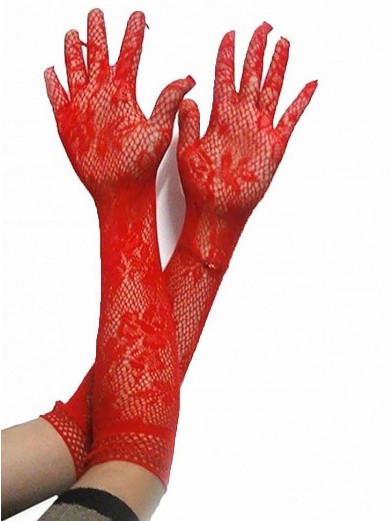 Длинные кружевные перчатки в сетку красные