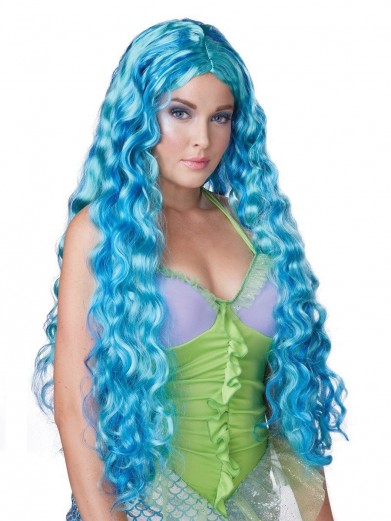 Длинный голубой парик с локонами фото