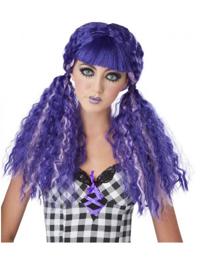 Фиолетовый парик куклы с двумя кудрявыми хвостиками