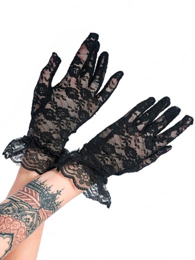 Короткие черные гипюровые перчатки с оборками