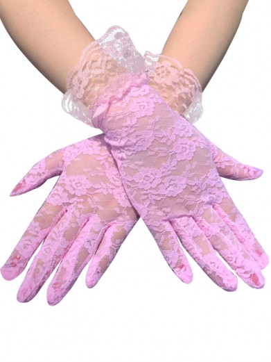 Короткие розовые гипюровые перчатки с оборками