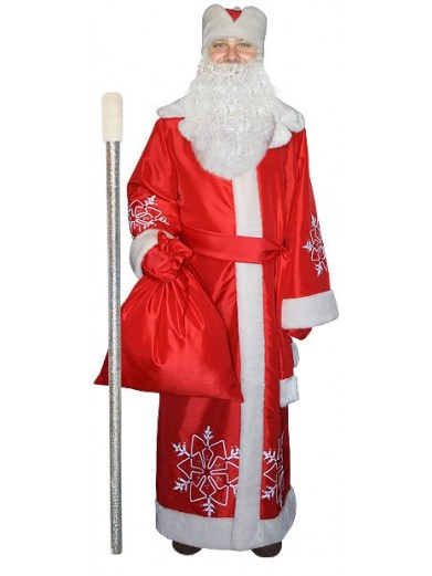 Красный костюм Снежинка для Деда Мороза с бородой и посохом