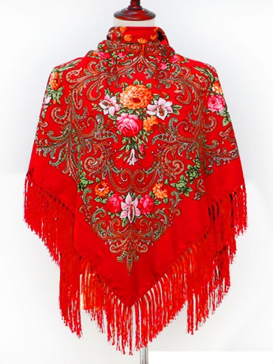 Павлопосадский русский народный платок 110 х 110 см красный с бахромой мелкие цветы