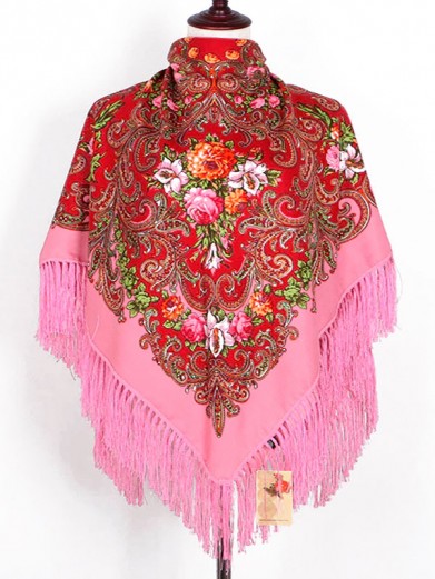 Павлопосадский русский народный платок 110 х 110 см розовый с бахромой