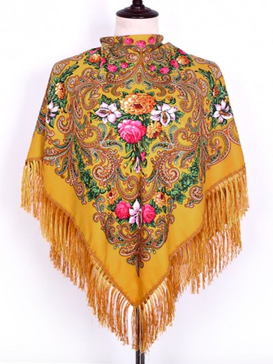 Павлопосадский русский народный платок 110 х 110 см желтый с бахромой