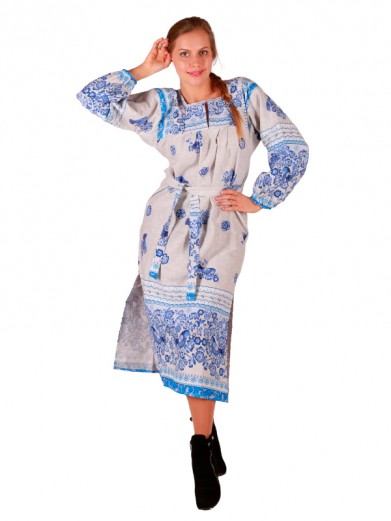 Женская покосная рубаха платье Гжель-Свиристели