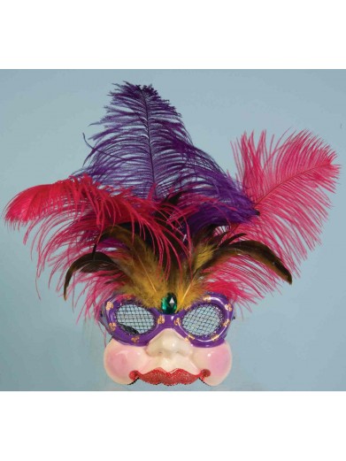 Полумаска в очках с разноцветными перьями