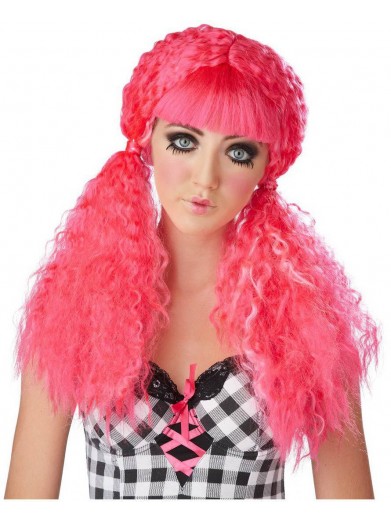 Розовый парик куклы с двумя кудрявыми хвостиками