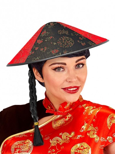 Шляпа китайская красно-черная с косичкой